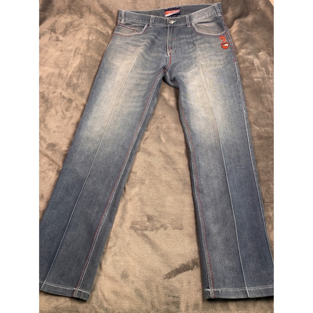 Evolution In Design Mens Jeans 38x34 Medium Wash Red Stitch Crest Patches Denim
